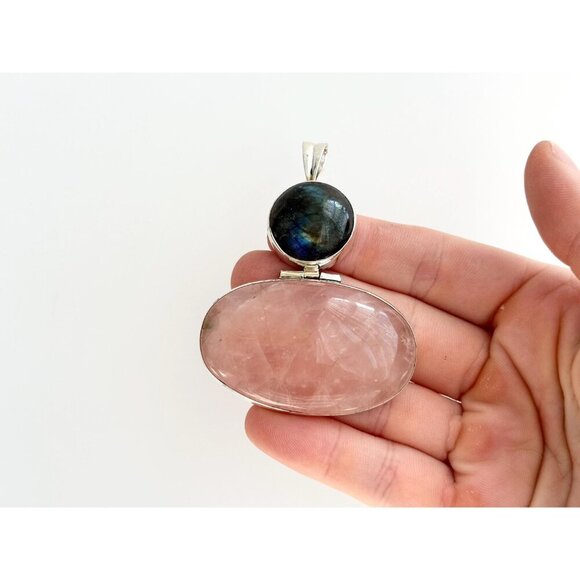 Rose Quartz & Labradorite Semi-Precious Gemstone Sterling 925 Vintage Pendant - Picture 8 of 10